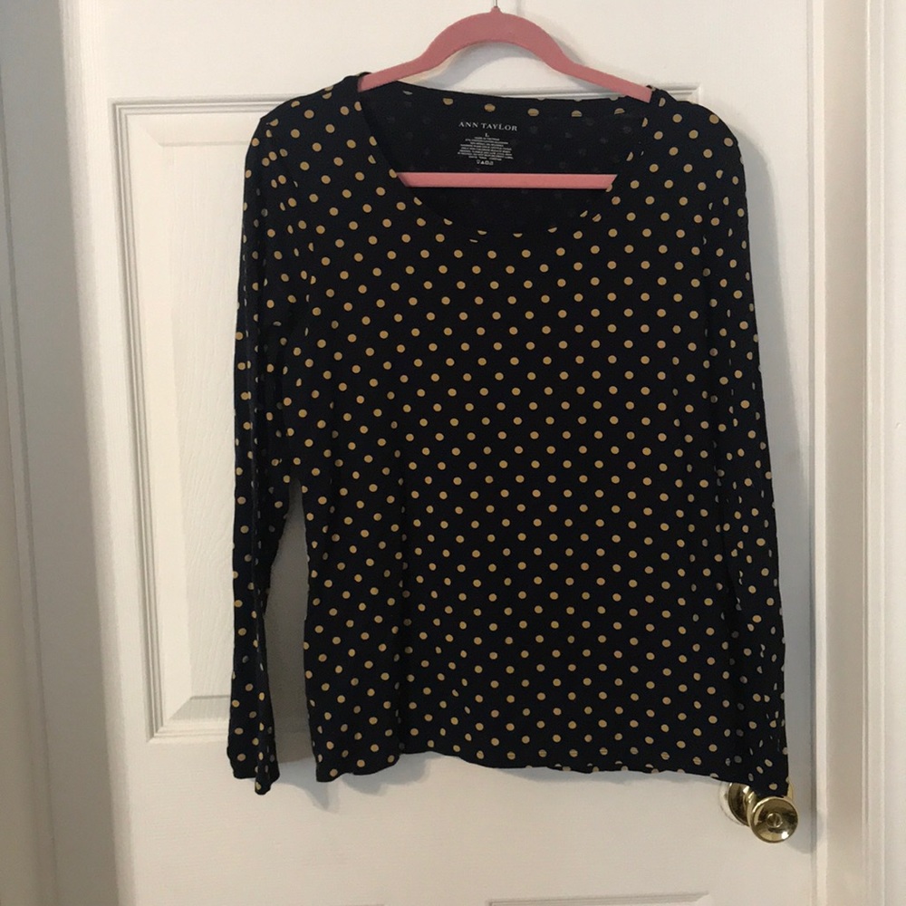 Ann Taylor Navy/Tan Polka Dot Long Sleeve Shirt